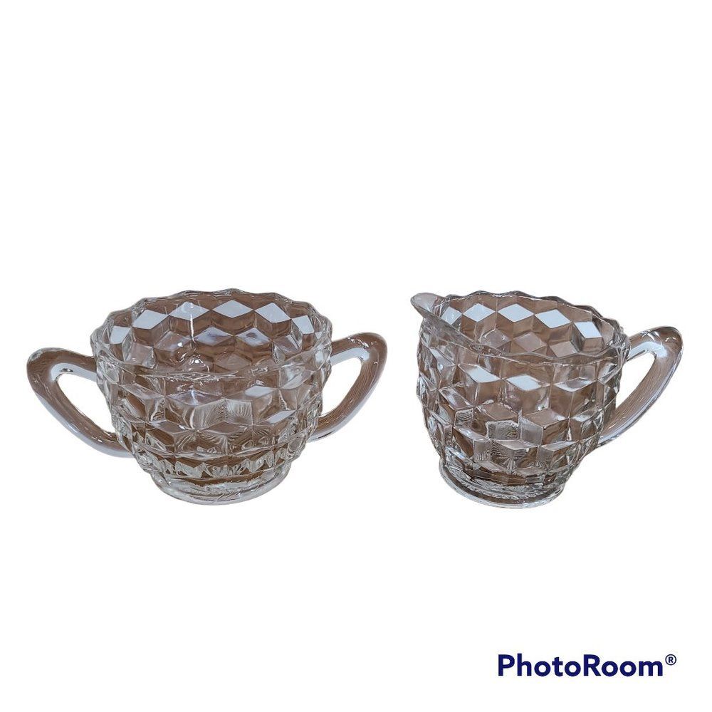 Cubist Style Crystal Open Sugar Bowl and Creamer Vintage Antique